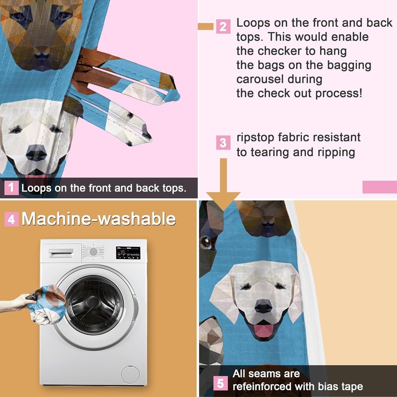 BeeGreen Cute Dog Cloth Gift Bags - Reusable Grocery Bag with Handles Foldable Washable 6 Pack - Extra Large Heavy Duty Tote Bag for Groceries (Bulk Holiday Packable Travel) - Shopping Bags for Women​ - Image 5